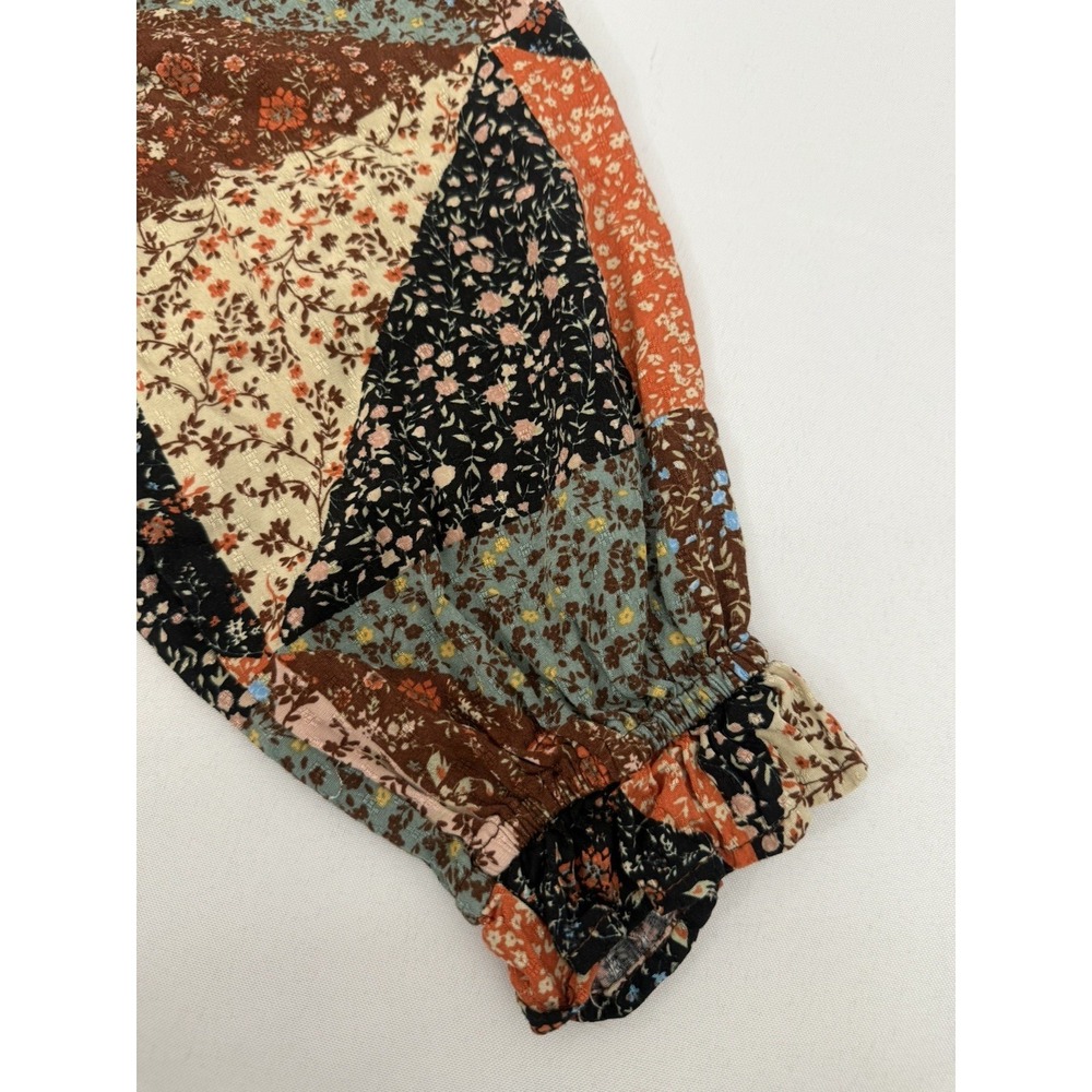 SO Patchwork Peasant Blouse Boho Floral Smocked Fall Festival Top Womens Size S - Picture 6 of 10